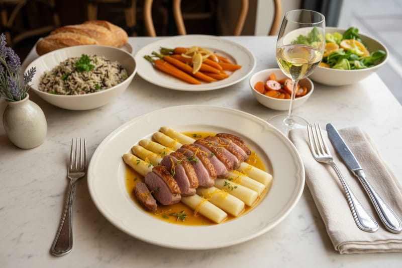 Weißer Spargel mit Entenbrust und Orangenjus auf cremefarbenem Teller, Pinot Gris Weißweinglas, Pariser Bistro-Setting