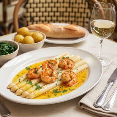 Weißer Spargel mit Garnelen und Safranbuttersauce auf weißem Bistroteller, mit Albariño Weißweinglas, Pariser Bistro-Setting