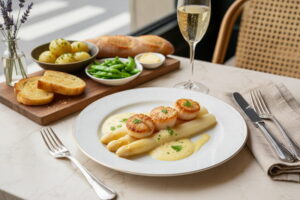 Weißer Spargel mit goldbraun gebratenen Jakobsmuscheln und Vanille-Buttersauce auf weißem Porzellan, daneben eine Sektflöte mit Crémant, Pariser Bistro-Setting