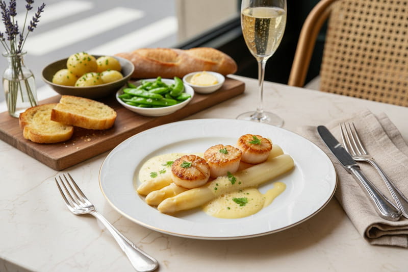 Weißer Spargel mit goldbraun gebratenen Jakobsmuscheln und Vanille-Buttersauce auf weißem Porzellan, daneben eine Sektflöte mit Crémant, Pariser Bistro-Setting