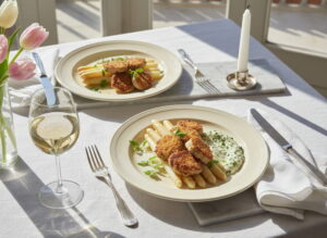 Weißer Spargel mit Kalbsbries und Sauce Gribiche auf cremefarbenem Teller, Meursault Weißweinglas, norditalienisches Marmor-Setting