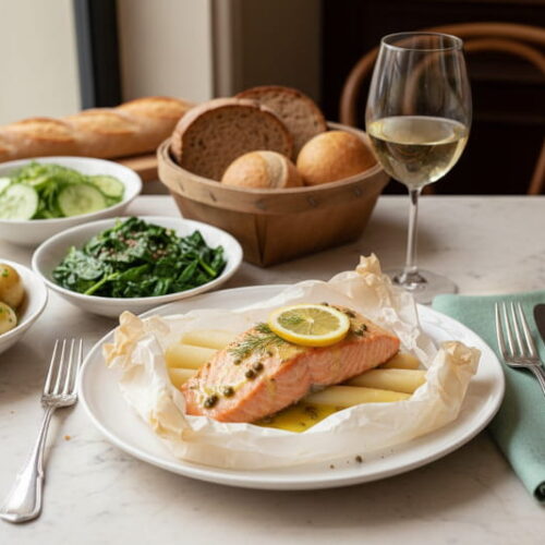 Weißer Spargel mit Lachs en papillote und Zitronenkapernbutter auf einem Teller, daneben ein Glas Muscadet Sèvre et Maine sur lie