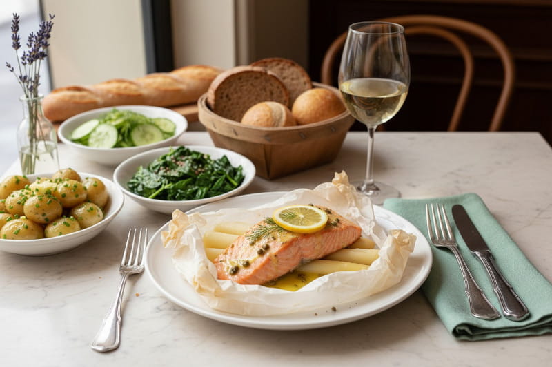 Weißer Spargel mit Lachs en papillote und Zitronenkapernbutter auf einem Teller, daneben ein Glas Muscadet Sèvre et Maine sur lie