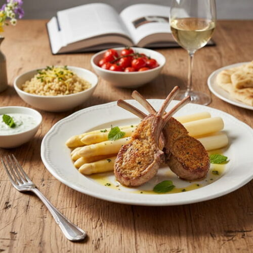 Weißer Spargel mit Lammkotelett und Minz-Joghurt-Sauce auf weißem Teller, Grüner Veltliner Smaragd Weißweinglas, bayerischer Bauerntisch