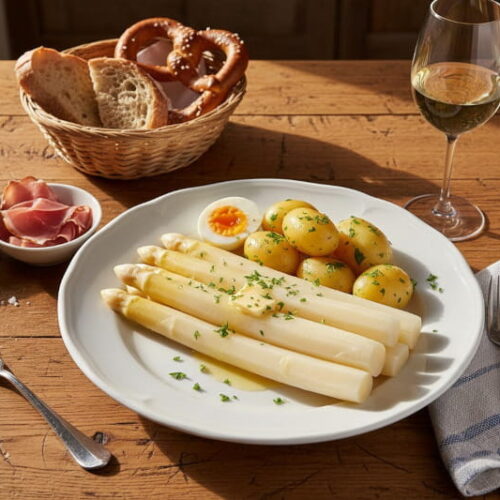 Weißer Spargel mit Maibutter und neuen Kartoffeln auf weißem Teller, daneben Riesling Weißweinglas, bayerischer Bauerntisch-Setting