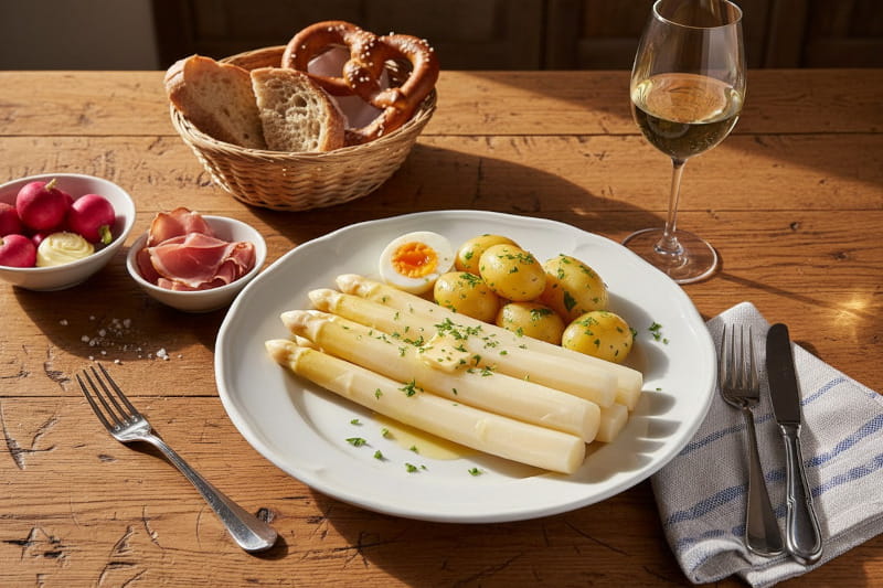Weißer Spargel mit Maibutter und neuen Kartoffeln auf weißem Teller, daneben Riesling Weißweinglas, bayerischer Bauerntisch-Setting