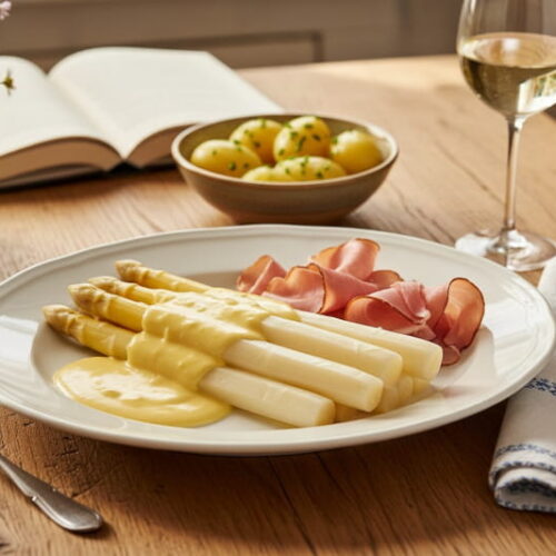 Weißer Spargel mit Sauce Hollandaise und Schwarzwälder Schinken auf ovalem Porzellanteller, bayerisches Sonntagslicht, mit Weißweinglas