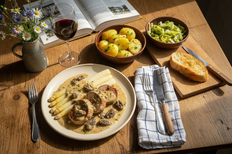 Weißer Spargel mit Schweinefilet-Medaillons und Morchelsauce, Sauce wird eingeschenkt, Grauburgunder Weißweinglas, bayerischer Bauerntisch