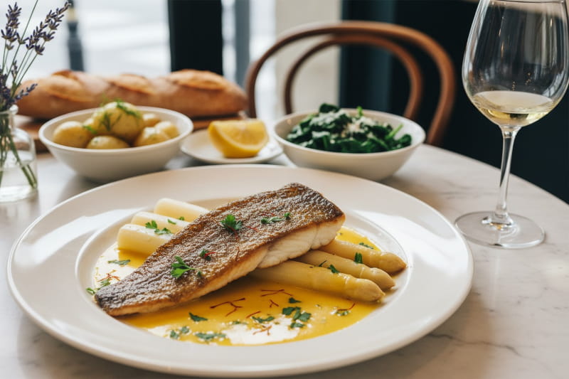 Weißer Spargel mit Zanderfilet und Safran-Beurre-Blanc, Nahaufnahme auf cremefarbenem Teller, Chablis Weißweinglas, Pariser Bistro-Setting