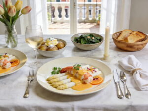 Weißer Spargel mit pochiertem Hummer und Sauce Maltaise auf cremefarbenem Teller, Grüner Veltliner Weißweinglas, norditalienisches Marmor-Setting