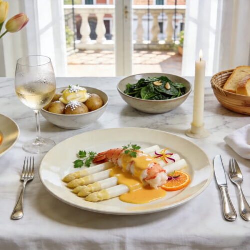 Weißer Spargel mit pochiertem Hummer und Sauce Maltaise auf cremefarbenem Teller, Grüner Veltliner Weißweinglas, norditalienisches Marmor-Setting