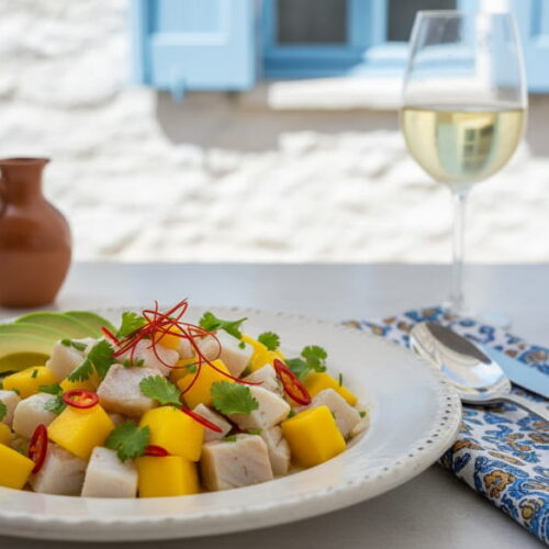 Ceviche vom Wolfsbarsch mit Mangowürfeln, Chili und Koriander, Nahaufnahme auf weißem Teller, mediterranes Setting