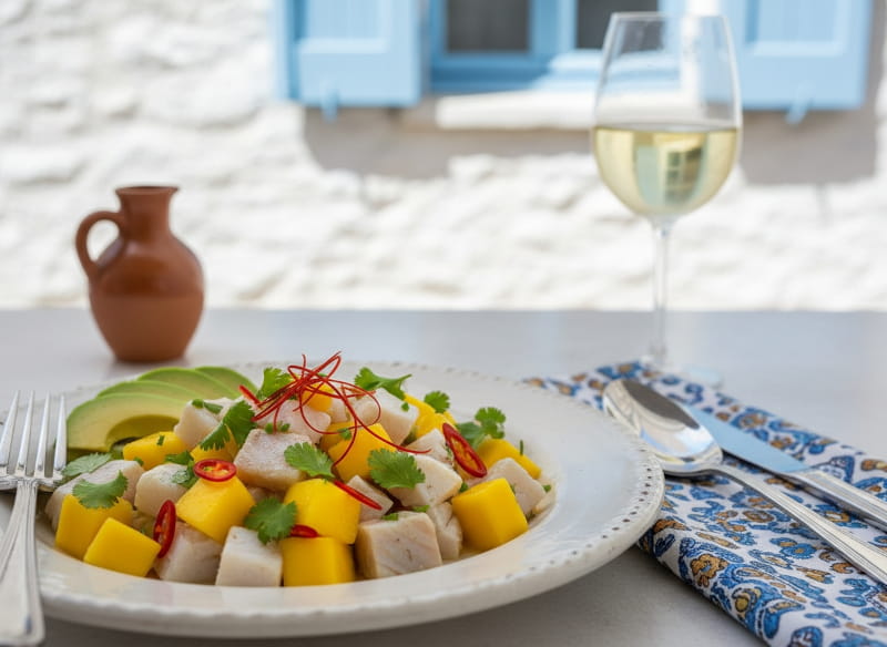 Ceviche vom Wolfsbarsch mit Mangowürfeln, Chili und Koriander, Nahaufnahme auf weißem Teller, mediterranes Setting