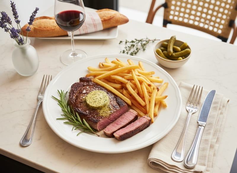 Entrecôte mit Café-de-Paris-Butter und Pommes Frites auf weißem Teller, Bordeaux Rotweinglas, Pariser Bistro-Setting