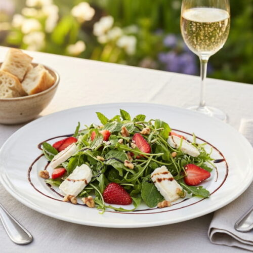 Erdbeer-Rucola-Salat mit Ziegenkäse und Balsamico-Reduktion auf weißem Teller, Crémant d'Alsace Sektflöte, frühlingshaftes Outdoor-Setting