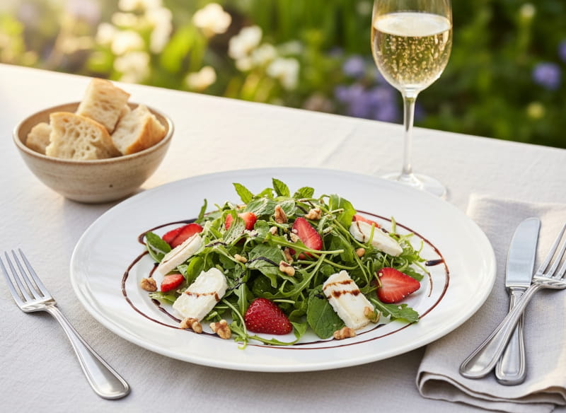 Erdbeer-Rucola-Salat mit Ziegenkäse und Balsamico-Reduktion auf weißem Teller, Crémant d'Alsace Sektflöte, frühlingshaftes Outdoor-Setting