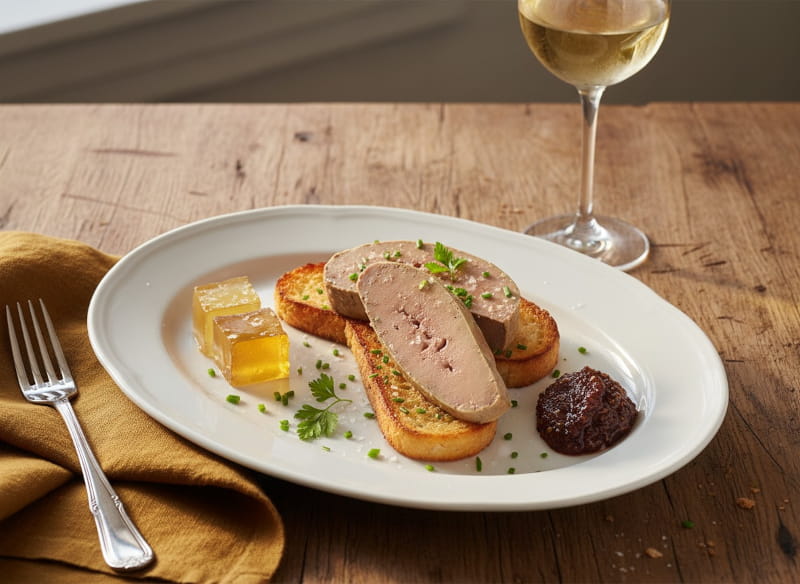 Zwei Scheiben Gänseleberterrine auf geröstetem Brioche mit goldenem Eiswein-Gelee und Feigensenf, schlankes Weißweinglas golden schimmernd, weißes Porzellan, Bauerntisch Eiche, warmes Mosel-Abendlicht, klassisch zentriert