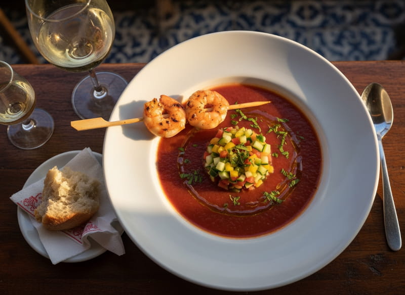 Gazpacho Andaluz mit Garnelenspieß in mattem Suppenteller, Manzanilla Glas, spanisches Tapas-Bar-Setting