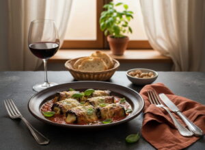 Gegrillte Auberginen-Involtini mit Ricotta in Tomatensauce, tiefem Keramikteller, warmes Abendlicht, sizilianische Trattoria
