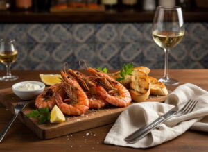 Gegrillte Riesengarnelen mit Aioli und Baguette auf rustikalem Holzbrett, Verdejo Weißweinglas, spanisches Tapas-Bar-Setting