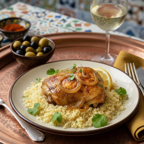 Hühnchen Yassa mit karamellisierten Zwiebeln auf Couscous, Chenin Blanc Weißweinglas, orientalisches Riad-Setting