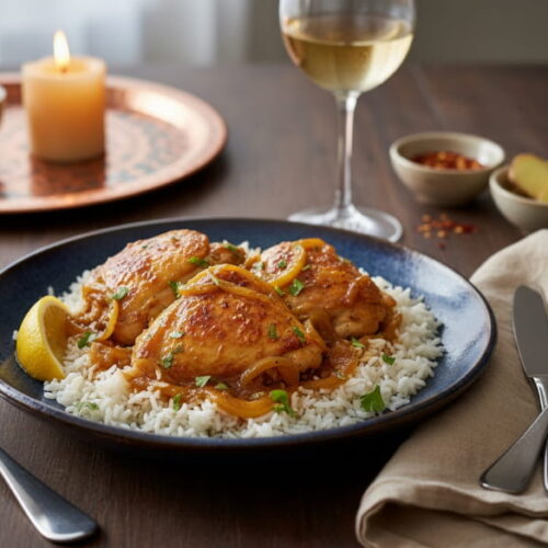 Hühnchen Yassa mit karamellisierten Zwiebeln auf Basmatireis, tiefem Keramikteller, warmes Abendlicht, orientalisch-afrikanisches Setting