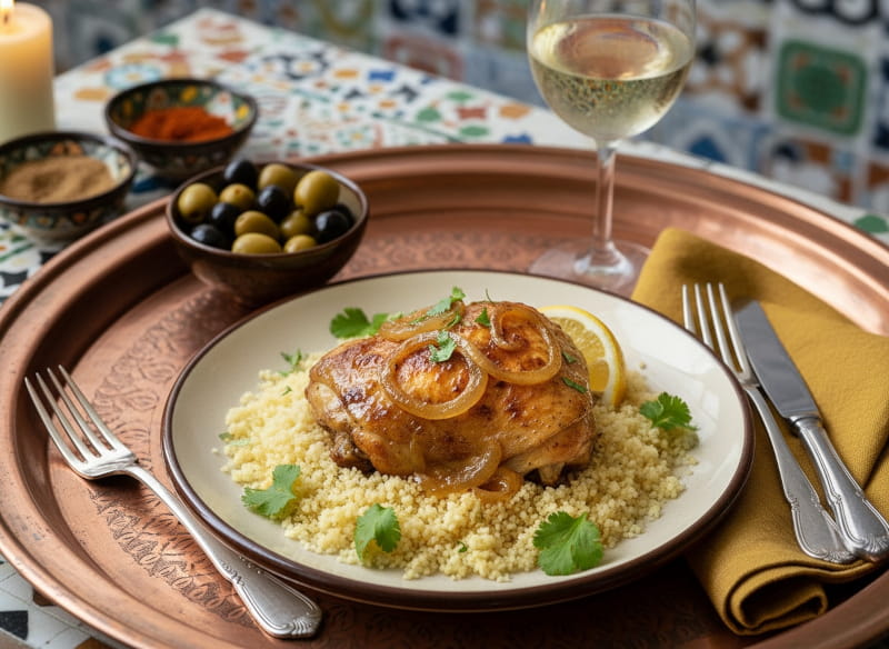 Hühnchen Yassa mit karamellisierten Zwiebeln auf Couscous, Chenin Blanc Weißweinglas, orientalisches Riad-Setting