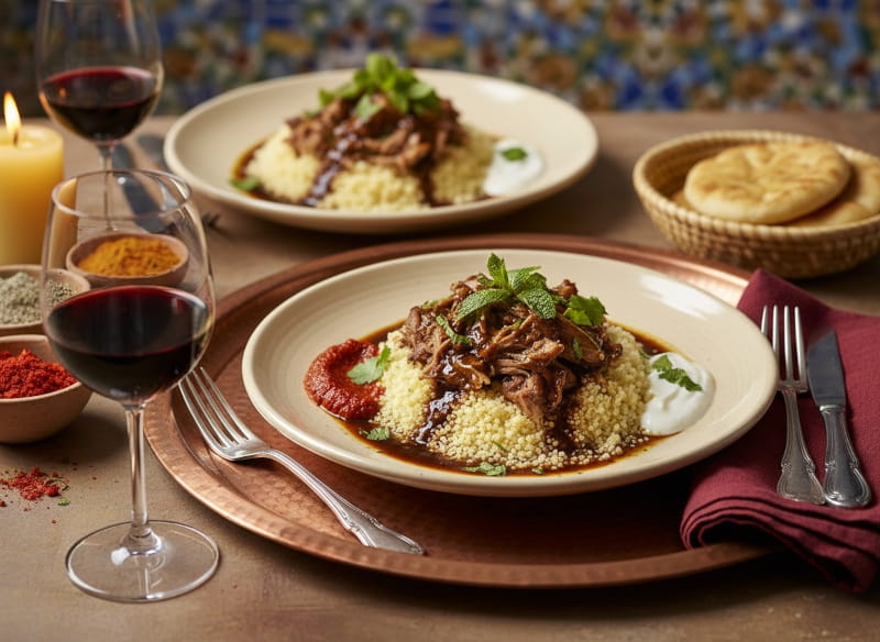 Kaltgeschmorte Lammkeule mit Couscous und Harissa in tiefem Teller, Syrah Rotweinglas, orientalisches Riad-Setting