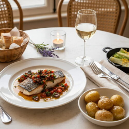 Loup de Mer im Salzteig aufgeschlagen auf weißem Teller mit Sauce Vierge, provenzalisches Tischsetting, elegantes Weißweinglas