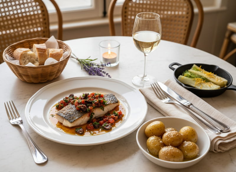 Loup de Mer im Salzteig aufgeschlagen auf weißem Teller mit Sauce Vierge, provenzalisches Tischsetting, elegantes Weißweinglas