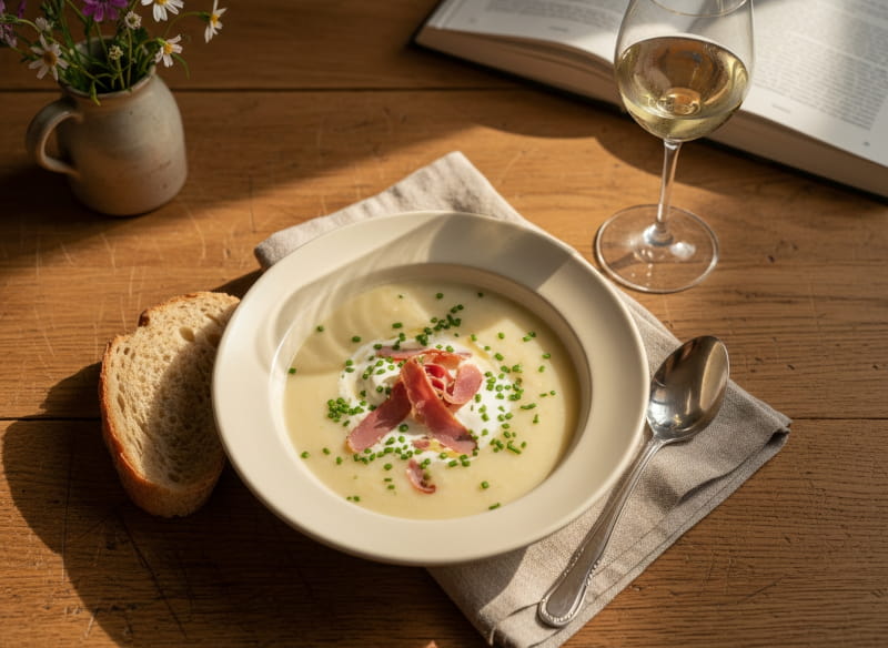 Mairübchen-Cremesuppe mit geräuchertem Entenschinken in cremefarbenem Teller, Grüner Veltliner Weißweinglas, bayerischer Bauerntisch