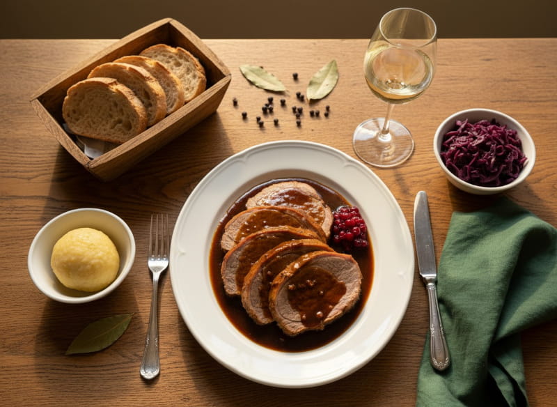 Moselaner Sauerbraten in Scheiben auf weißem Porzellanteller mit dunkler Rieslingjus und Preiselbeeren, Weißweinglas leicht beschlagen, Bauerntisch Eiche, warmes Herbst-Fensterlicht, 45°-Perspektive