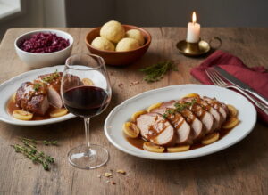 Moseler Spiessbraten in Scheiben auf weißem Porzellanteller mit karamellisierten Zwiebeln und Bratenjus, Rotweinglas, Kerze, Bauerntisch Eiche, Herbststimmung, gedeckter Tisch