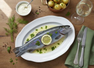 Ganze Forelle blau auf weißem Porzellanteller mit bläulich-violetter Haut, garniert mit Petersilie und Zitronenscheibe, elegantes Weißweinglas leicht beschlagen, Bauerntisch Eiche, warmes Mosel-Küchenlicht, Vogelperspektive