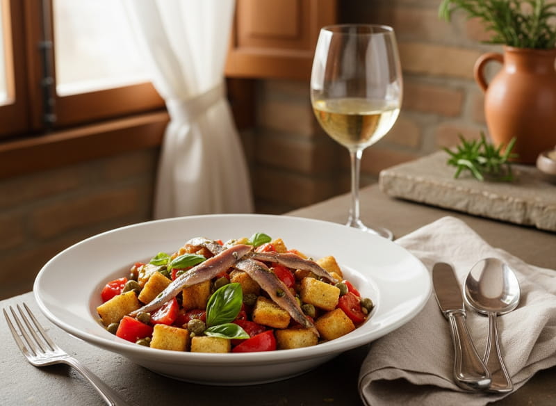 Toskanische Panzanella mit Brotwürfeln, Tomaten, Sardellen und Kapern in weißer Keramikschüssel, toskanisches Trattoria-Setting