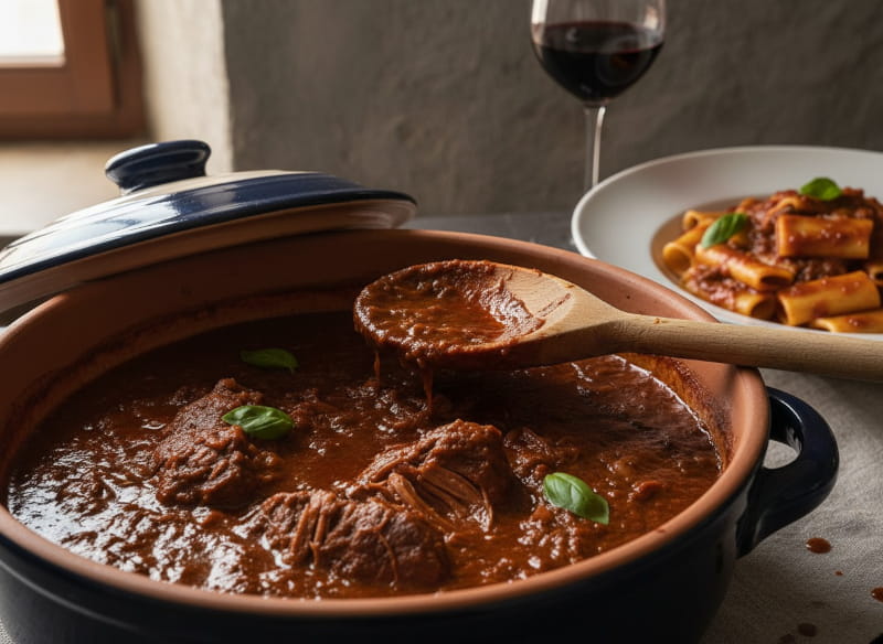Schmortopf mit Ragù Napoletano, dunkelrote sämige Sauce mit Fleischfasern und Basilikum, Holzlöffel über den Rand gelegt, Paccheri mit Sauce unscharf im Hintergrund, Rotweinglas angedeutet, neapolitanische Küche, warmes Morgenlicht, Nahaufnahme