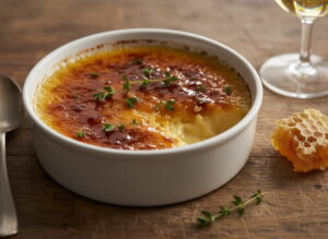 Riesling-Crème brûlée im Keramikförmchen mit goldbrauner Karamellkruste, aufgebrochen, frische Thymianblättchen darauf, Weißweinglas golden schimmernd unscharf im Hintergrund, Bauerntisch Eiche, warmes Abendlicht, Nahaufnahme