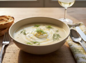 Cremige Rieslingsuppe im tiefen Suppenteller mit Crème-fraîche-Klecks, frischem Dill und Zitronenzeste, Nahaufnahme, Weißweinglas unscharf im Hintergrund, Bauerntisch Eiche, warmes Mosel-Fensterlicht
