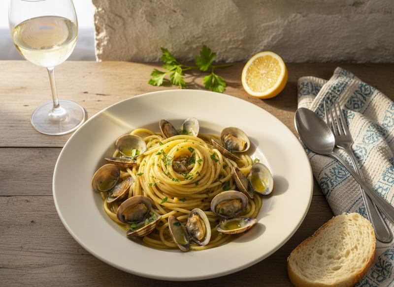 Spaghetti alle vongole von oben, Muscheln mit geöffneten Schalen zwischen den Nudeln, goldgelber Muscheljus, frische Petersilie, Weißweinglas beschlagen, helle Steinmauer, warmes süditalienisches Licht, Vogelperspektive