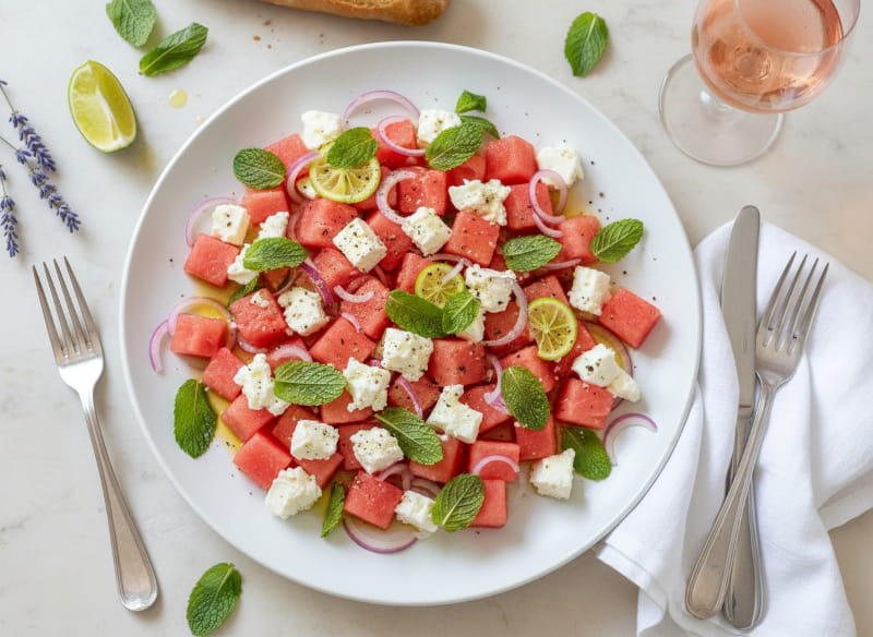 Wassermelone Feta Salat mit Minze und schwarzem Pfeffer auf weißer Keramikplatte, Vogelperspektive, Provence-Setting