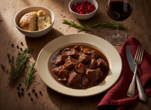 Wildschweingulasch in dunkler Schmorsauce mit Steinpilzen im tiefen Teller, Rotweinglas rubinrot, Semmelknödel, Preiselbeeren, Bauerntisch Eiche, Kerzenlicht und Herbstfensterlicht, schräge Vogelperspektive