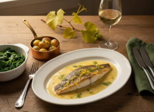 Zanderfilet auf samtiger Rieslingsoße in ovalem weißen Porzellanteller, garniert mit frischem Dill und Zitronenzeste, elegantes Weißweinglas leicht beschlagen, Bauerntisch Eiche, warmes Mosel-Fensterlicht