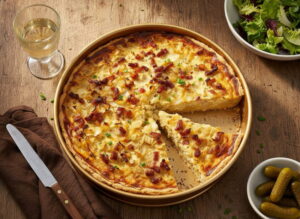 Goldbrauner Zwiebelkuchen in Springform von oben, Stücke herausgeschnitten, karamellisierte Zwiebeln und Speck sichtbar, Weißweinglas leicht beschlagen, Bauerntisch Eiche, warmes Herbstlicht, Vogelperspektive