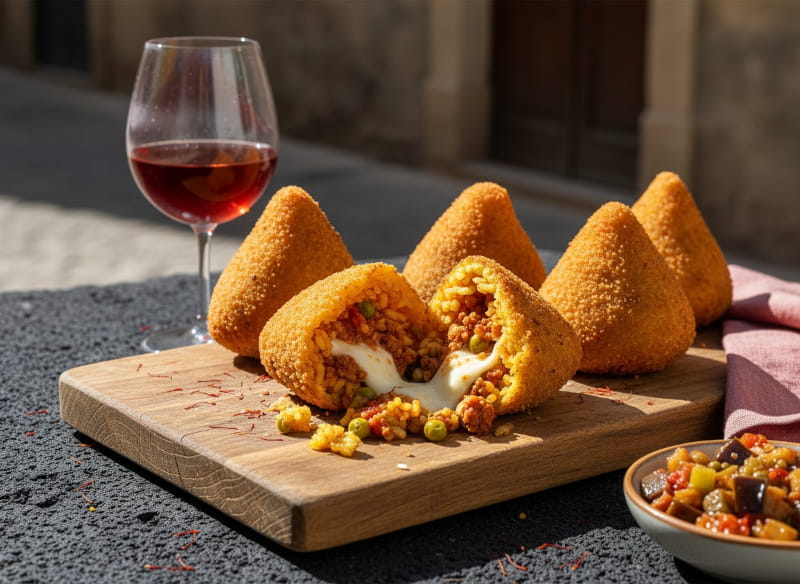 Arancini al ragù auf Holzbrett, goldbraun frittiert, eine aufgebrochen mit sichtbarem Safranreis, Ragù und geschmolzenem Käse, Rotweinglas hellkirschrot, Lava-Steinoberfläche, hartes Mittagslicht, Nahaufnahme