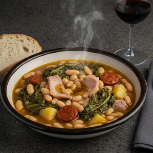 Caldo gallego in irdener Keramikschale, weiße Bohnen und Grelos sichtbar, Lacón rosa, Dampf aufsteigend, Rotweinglas mit Mencía dunkelrot, dunkelgrauer Granit, atlantisches Winterlicht, Nahaufnahme