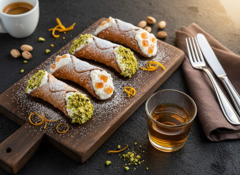 Cannoli siciliani auf dunklem Holzbrett, goldbraune Scorze mit cremiger Ricottafüllung, grüne Pistazienenden, Puderzucker, Marsala-Glas bernsteinfarben, Lava-Steinoberfläche, warmes Abendlicht, schräge Vogelperspektive