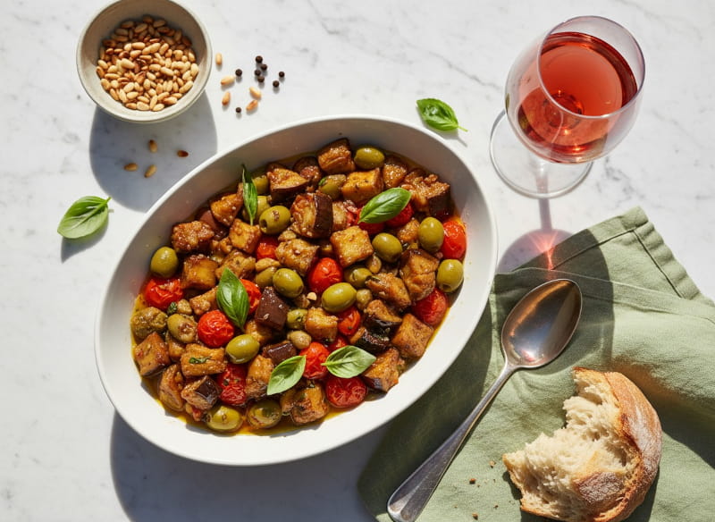 Caponata siciliana von oben in weißer Keramikschale, goldbraune Auberginen, grüne Oliven, Kapern, Kirschtomaten und Basilikum, Rotweinglas hellkirschrot, weißer Marmortisch, sizilianisches Mittagslicht, Vogelperspektive