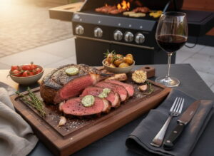 Côte de Boeuf in dicken Scheiben auf dunklem Holzschneidebrett, Kräuterbutter schmelzend, Kreuzgrillstreifen sichtbar, Vogelperspektive