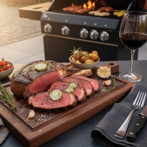 Côte de Boeuf in dicken Scheiben auf dunklem Holzschneidebrett, Kräuterbutter schmelzend, Kreuzgrillstreifen sichtbar, Vogelperspektive