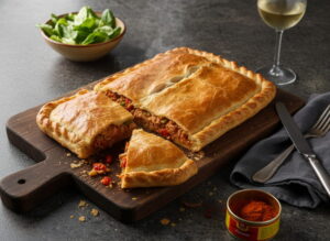 Empanada gallega de atún auf dunklem Holzbrett, goldbraune Teigoberfläche, zwei Stücke herausgeschnitten mit rotbrauner Thunfisch-Sofrito-Füllung, Godello-Glas beschlagen, galicischer Granit, atlantisches Mittagslicht, schräge Vogelperspektive